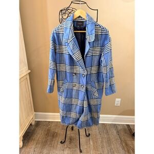 FRNCH Paris Sky Blue Plaid Double Breasted Longline Pea Coat Small